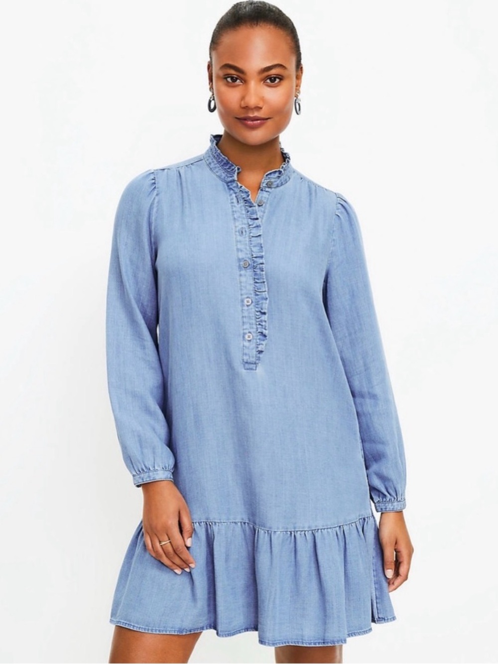 Loft Chambray Denim Ruffle Popover Dress, Size Large
